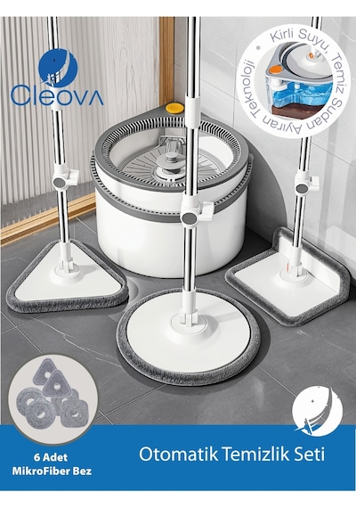 Cleova Yeni Tasarım Otomatik 360 Döner Mop Ve Temizlik Seti, 3 Başlıklı Paspas Mop