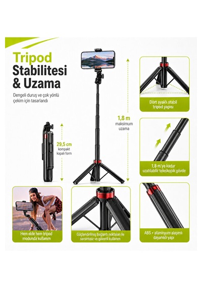 1,8 Metre Bluetooth Selfie Çubuğu Tripod Uzaktan Kumandalı 360 Döner Type-c Şarjlı