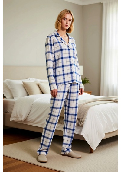 Benerly Kadın Gömlek Yaka Standart Kol Regular Kalıp Dokuma Pijama Takımı mavi