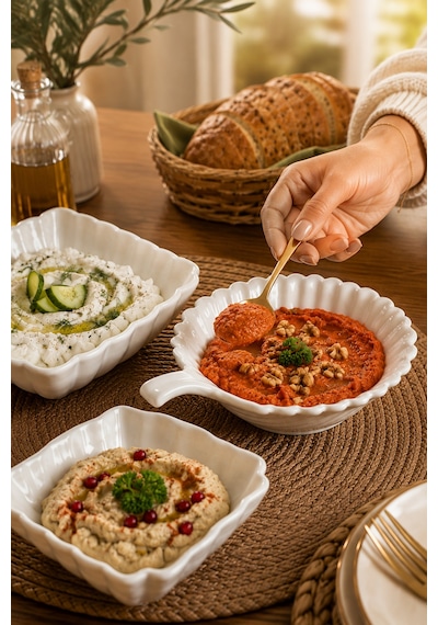 Porsima 3'lü Beyaz Porselen Kase Seti 3 Farklı Model Salata, Meze Ve Tatlı Sunum Kasesi 15 Cm - 16 Cm