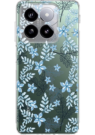 Xiaomi Mi 14 İle Uyumlu Floral Mavi Baskılı Kamera Korumalı Şeffaf Kılıf