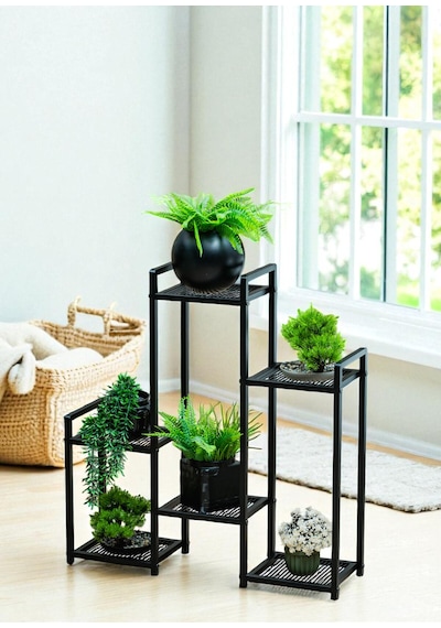 Dekoratif Metal 6 Raflı Saksılık Katlı Dikey Saksı Standı Çiçeklik Bahçe Ve Balkon Dekoru Garden Siyah