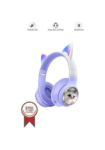 Hd11 Mor Sevimli Kedi Karikatür Kulak Led Işıklı 5.3 Bluetooth Kulak Üstü Kulaklık