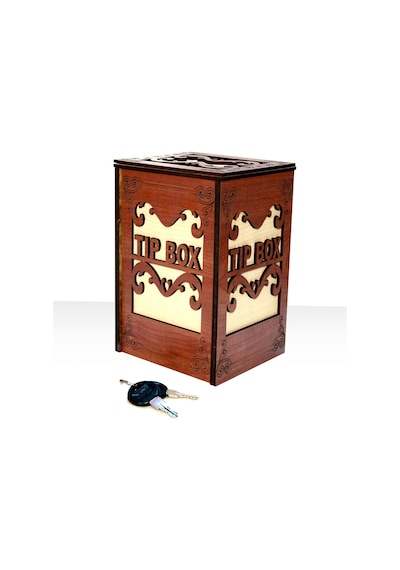 Ahşap Tip Box Bahşiş Kutusu Anahtarlı Kilitli Kahverengi