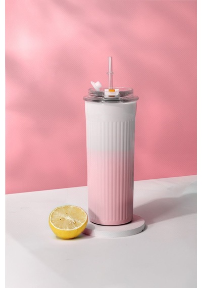 304 L Çelik 0,5 L Pembe Beyaz Degrade Pipetli El Termos Mug Cin913pm Pembe