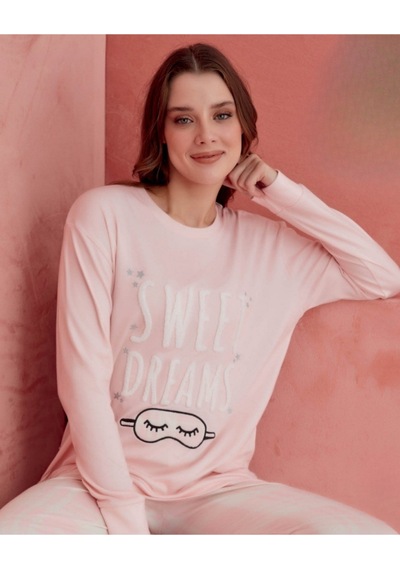 Kadın Baskı Detaylı Uzun Kollu Likralı Pijama Takım Pembe