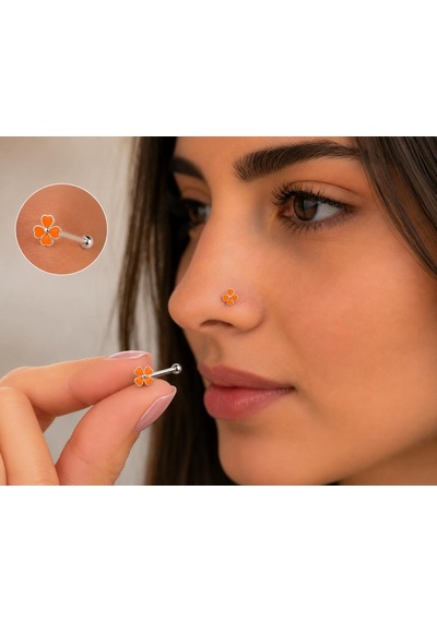 925 Ayar Gümüş Burun Hızması Turuncu Çiçek Desenli Minimal Nose Stud Kadın Erkek Unisex 8 Mm Gri 91926757