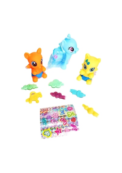 Sevimli Pony At Ailesi Ve Aksesuar Seti - Tokalı Stickerlı 3'lü Figür Oyuncak Hayvanlar