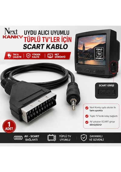 Next Kanky Uyumlu Av Scart Kablo Tüplü Tv Uydu Alıcısı Bağlantı Kablosu, 3.5 Mm Av Jack Scart Dönü