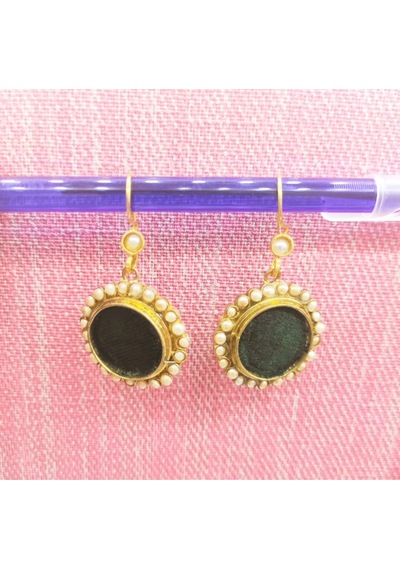 Oriental Kuyumculuk Jewellery Gold Yeşil Kadife Ve İnci'li Sallantılı Küpe Yeşil