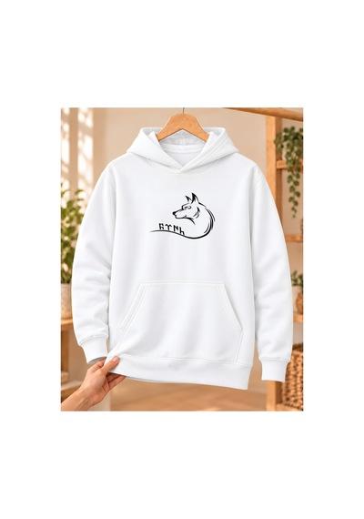 Mor Mürekkep Bozkurt Profili Ve Kavisli Göktürk Yazısı Baskılı Kapüşonlu Sweatshirt - Beyaz Mor Mürekkep Bozkurt Profili Ve Kavisli Göktürk Yazısı Baskılı Kapüşonlu Sweatshirt - Beyaz