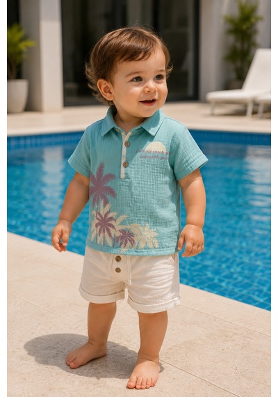 Babyhola %100 Pamuk Müslin Kumaş Erkek Çocuk Yazlık Şortlu Takım 2602 Mint