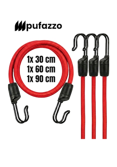 Pufazzo Kancalı Bagaj Lastiği 3 Adet - Bagaj Gergi Lastiği Kırmızı 30-60-90cm 3 Adet