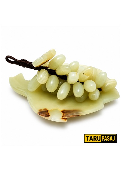 Doğal Oniks Taş Yaprak Tabak & 30 Taneli Üzüm Salkımı Feng Shui Dekor Objesi Yeşil