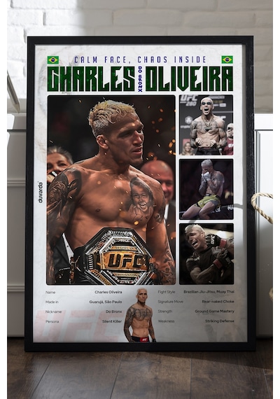 Charles Oliveira Ufc Siyah Ahşap Çerçeveli Poster, Dekoratif Dövüş Duvar Tablosu