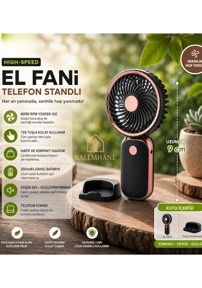 Kalemhane Mini El Fanı- 3 Kademeli Turbo Güç Pembe