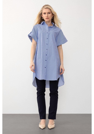 Olcay Yandan Yırtmaçlı Çizgili Poplin Tunik Mavi 9283