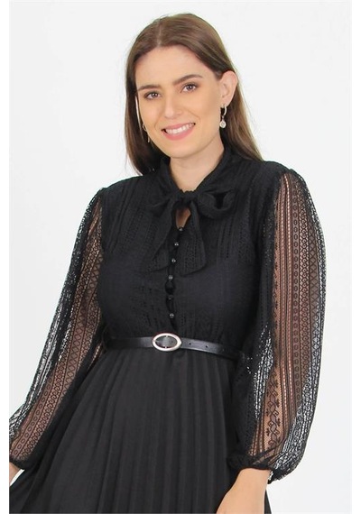 Neşeli Butik Kadın Siyah Yakası Bağlama Detaylı Kemerli Dantel Elbise Apcx41 Siyah