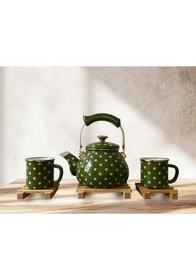 Morponi Retro Emaye Çaydanlık Ve Kupa Takımı 6 Parça Puantiyeli Set Yeşil Yeşil