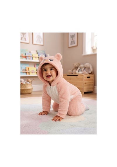 Chicsy Baby Tatlı Kız Bebek Welsoft Tulum Kuş Civciv Nakışlı Kulaklı Kapüşonlu Fermuarlı Peluş Kışlık Bebek Tulumu Somon