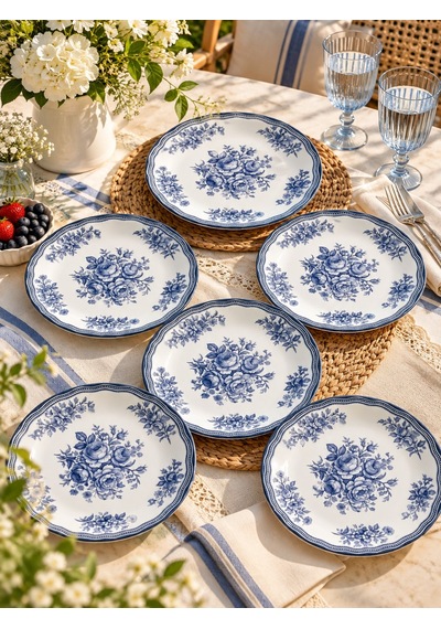 Mavi Antik 6 Kişilik Lüx Pasta Sunum Seti Pasta Tabağı 20 Cm Çok Renkli