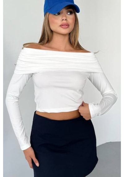 Kechi Woman Dalgıç Kumaş Madonna Yaka Crop Beyaz
