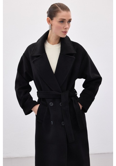 Sateen Beli Bağlamalı Uzun Kaban - Siyah-136629 Siyah