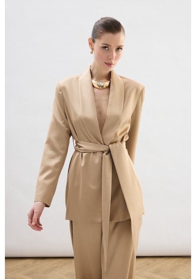 Sateen Kuşaklı Saten Ceket - Camel-137008 CAMEL