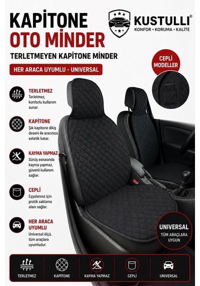 Kustulli 3'lü Pilot Kapitone Terletmeyen Oto Koltuk Minder Cepli Model Siyah Ön Arka Koltuk Minderi