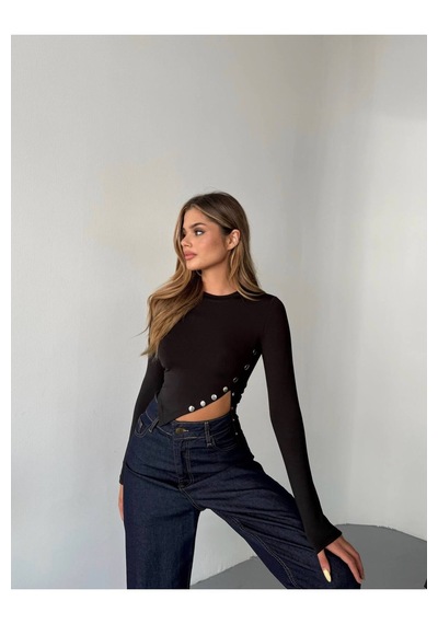 Kechi Woman Dalgıç Kumaş Çıtçıtlı Crop Siyah
