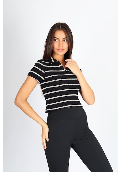 Soft&Basic Polo Yaka Raporlu Jakar Crop Fit T-shirt Siyah