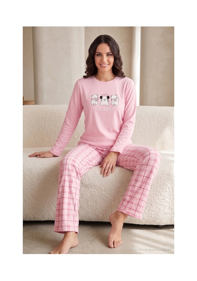 Lela Desenli Yumuşak Dokulu Kışlık Polar Pijama Takımı Kadın Pijama Takımı 6575031 Pembe