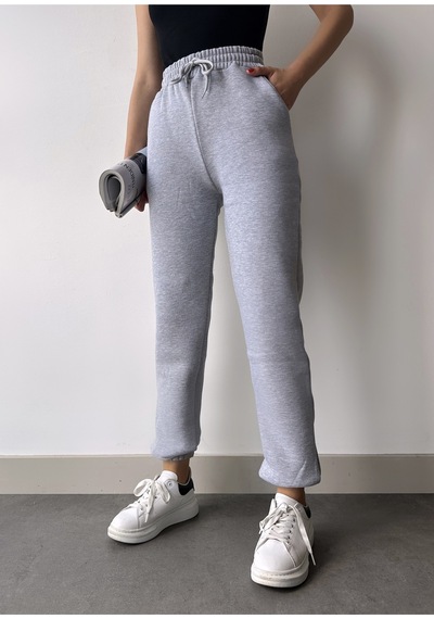 Gugus Trend Kadın Kışlık Kalın İçi Polarlı Yüksek Bel Paçası Lastikli Basic Jogger Eşofman Altı Gri