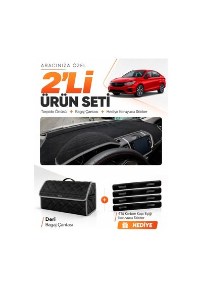 E-biz Honda Cıty 2020-2024 Uyumlu Torpido Örtüsü + Deri Bagaj Çantası Seti - Siyah-gri - Ho003