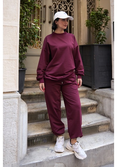Mezka Regular Fit 2'li Takım Sweatshirt Beli Lastikli Jogger Eşofman Altı Bordo