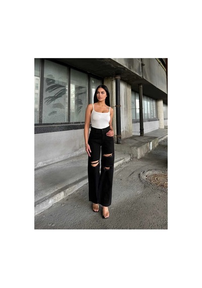 Kene Jeans Çift Diz Lazer Yırtık Siyah Bol Paça Jeans Siyah