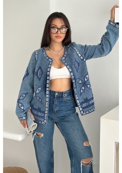 Femelle Etnik Desenli Pul Payet Nakışlı Denim Kot Ceket Vintage Bohem Tarz - 2789 mavi