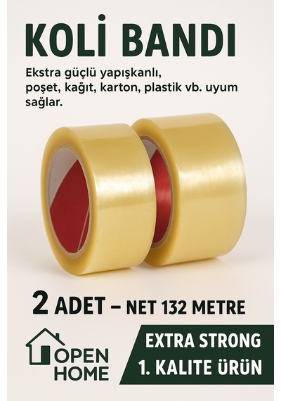 2 Adet-132 Metre Şeffaf Koli Bandı Extra Strong 40 Micron Kalınlık, Güçlü Yapışkan Diğer