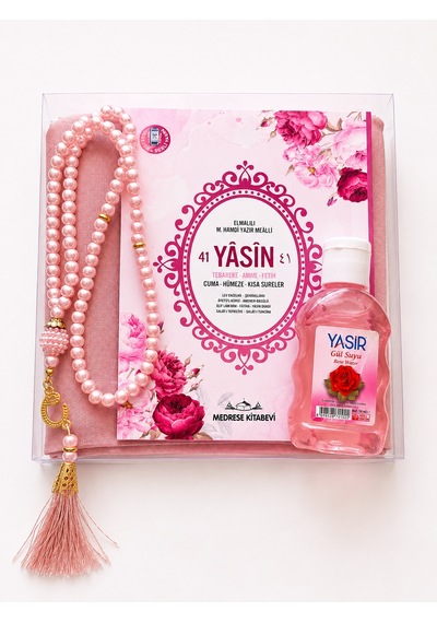 Bilenler Mevlit Hediye Seti İsim Baskılı- Eşarp İnci Tesbih Gül Suyu Özel Kutulu Set Pembe