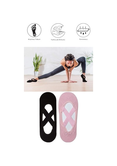 2 Adet Kadın Kaydırmaz Tabanlı Yoga Pilates Fitness Dans Ve Spor Çorabı Siyah - Pembe
