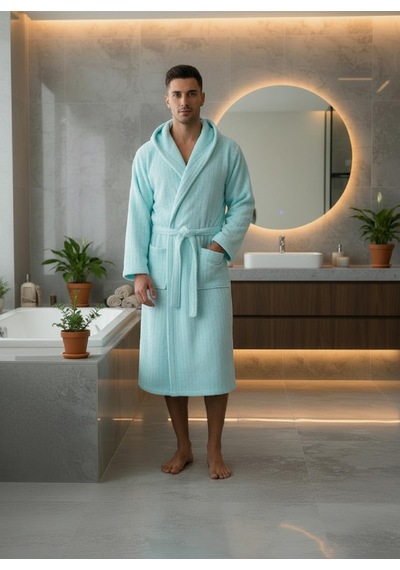 Pamuklu Kapüşonlu Unisex Bornoz Mint