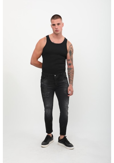 Blue White Erkek Skinny Fit Yırtık Detaylı Jean Siyah 27