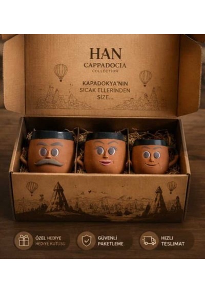 Kapadokya Çömlek Emojili Kahve Aile Kupa Seti 3lü Göl Yeşili
