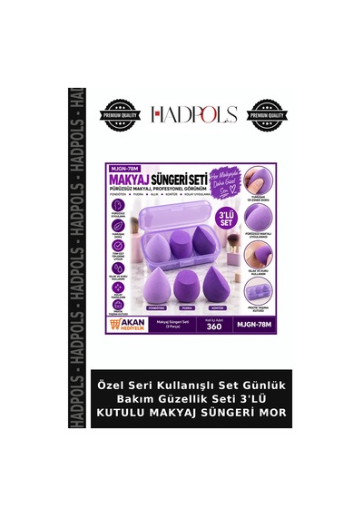 Özel Seri Kullanışlı Set Günlük Bakım Güzellik Seti 3'lü Kutulu Makyaj Süngeri Mor