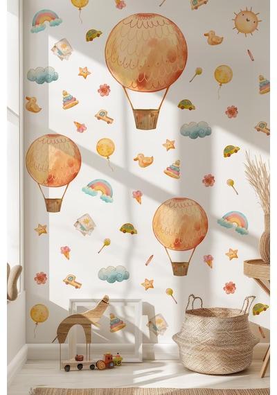 Eğlenceli Balonlar Ve Figürler Çocuk Bebek Odası Duvar Cam Sticker Seti, Balon Çiçekler Gökkuşakları Dijital Baskı