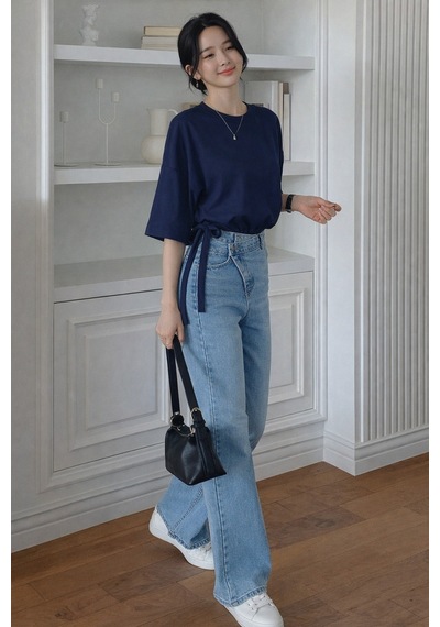 Kadın Oversize Basic Haki Tişört Yan Bağlamalı Rahat Kesim Günlük Yazlık T-shirt Lacivert