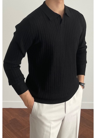 Erkek Siyah Slim Fit Uzun Kollu Polo Yaka Triko Kazak Siyah