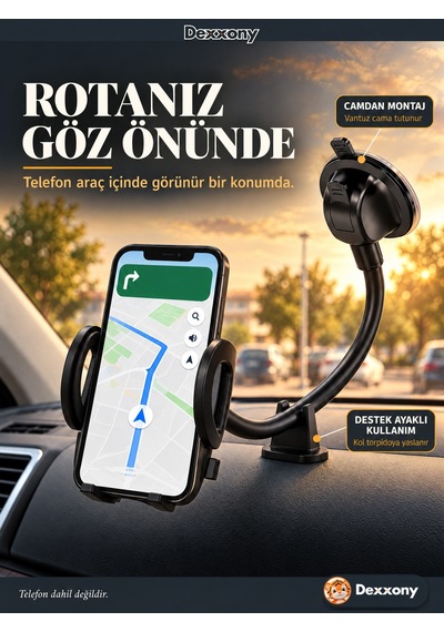 Dexxony A03 Araç İçi Telefon Tutucu Esnek Kollu Vantuzlu Destek Ayaklı Torpido Ve Cam 360 Derece