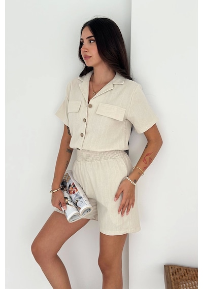 Asprin Fashion Beli Lastikli Şort Gömlek Takım Bej