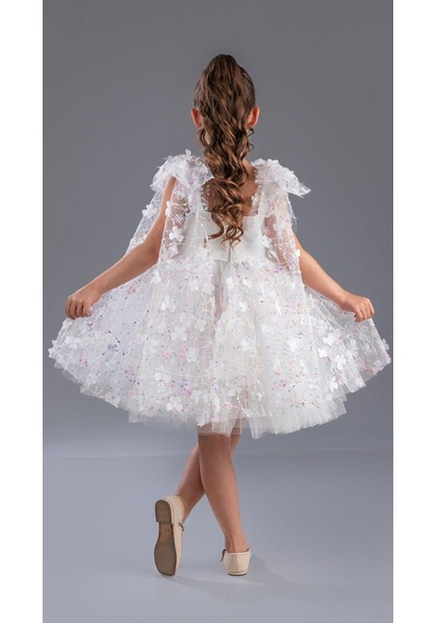 Mnk Baby & Kids Çiçek Brode Desen İmeros Kız Abiye M00736 Beyaz